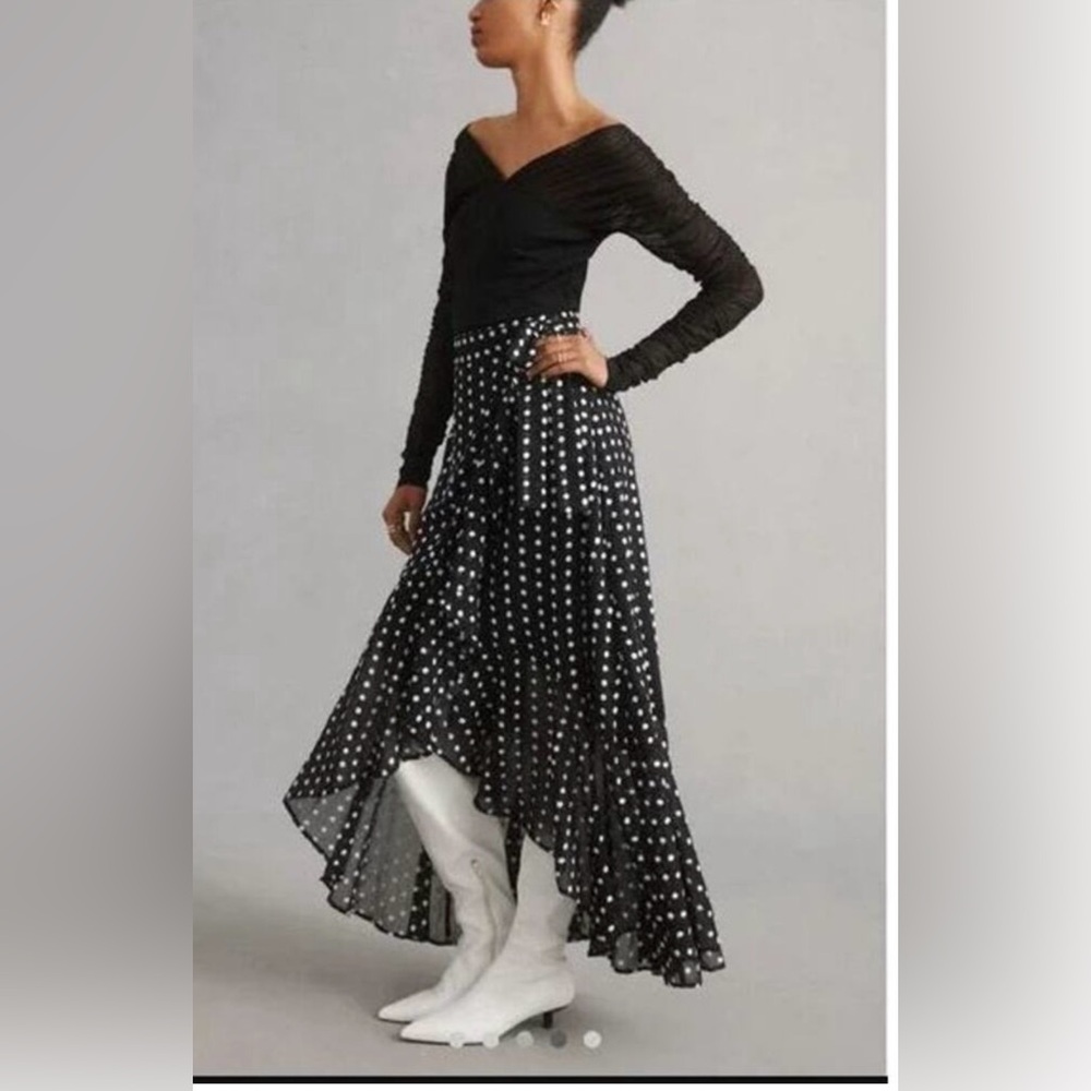 Anthropologie Maeve Asymmetrical Wrap Skirt Black Polka Dot Women's Size Medium